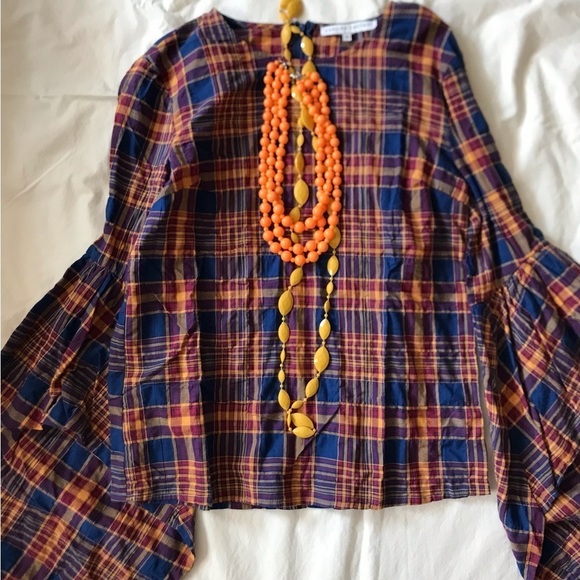 English Factory Tops - 𝅺English Factory plaid bell sleeve blouse size S